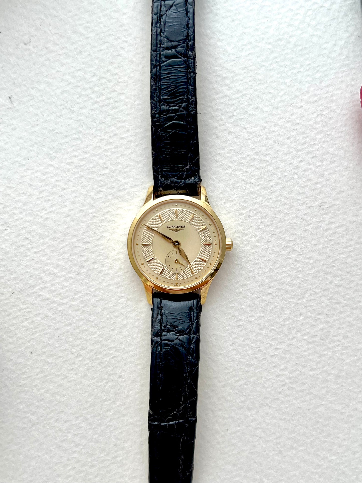 Longines Les Grandes Classiques Gold Tone Women’s Watch with Guilloche Dial and Small Seconds