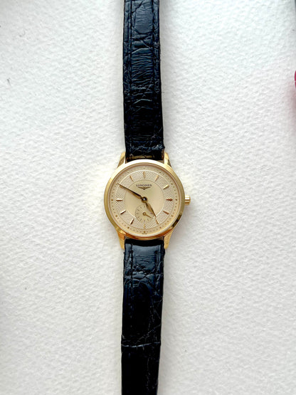 Longines Les Grandes Classiques Gold Tone Women’s Watch with Guilloche Dial and Small Seconds