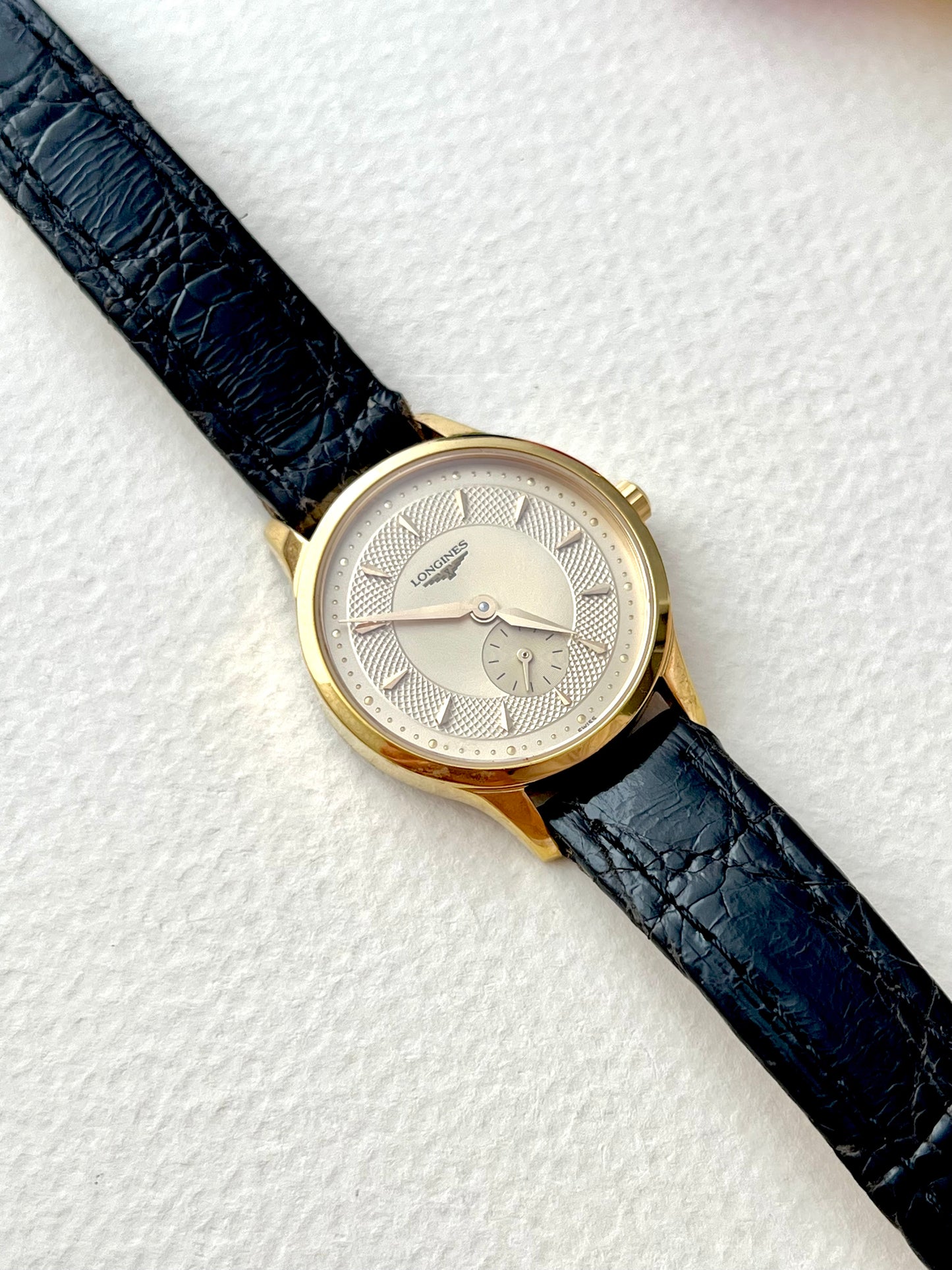 Longines Les Grandes Classiques Gold Tone Women’s Watch with Guilloche Dial and Small Seconds