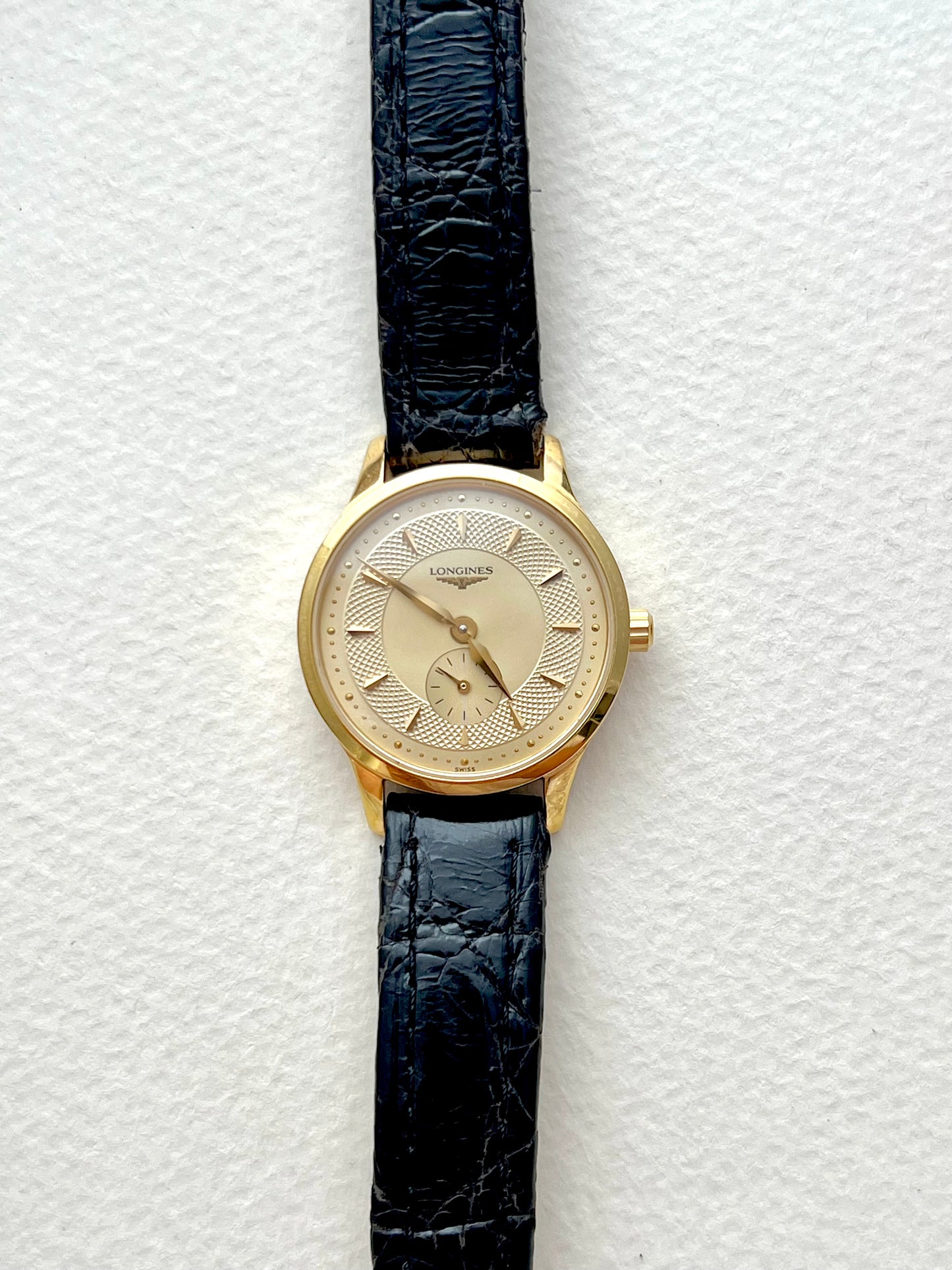 Longines Les Grandes Classiques Gold Tone Women’s Watch with Guilloche Dial and Small Seconds
