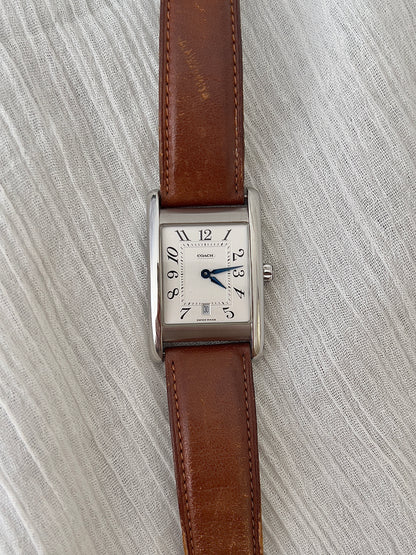 Coach Classic Rectangular Timepiece in Polished Steel with Leather Strap