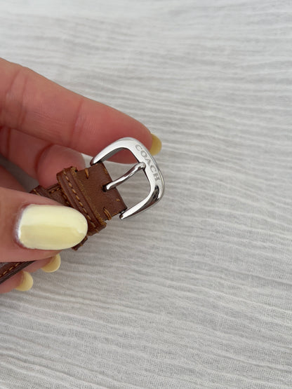 Coach Classic Rectangular Timepiece in Polished Steel with Leather Strap