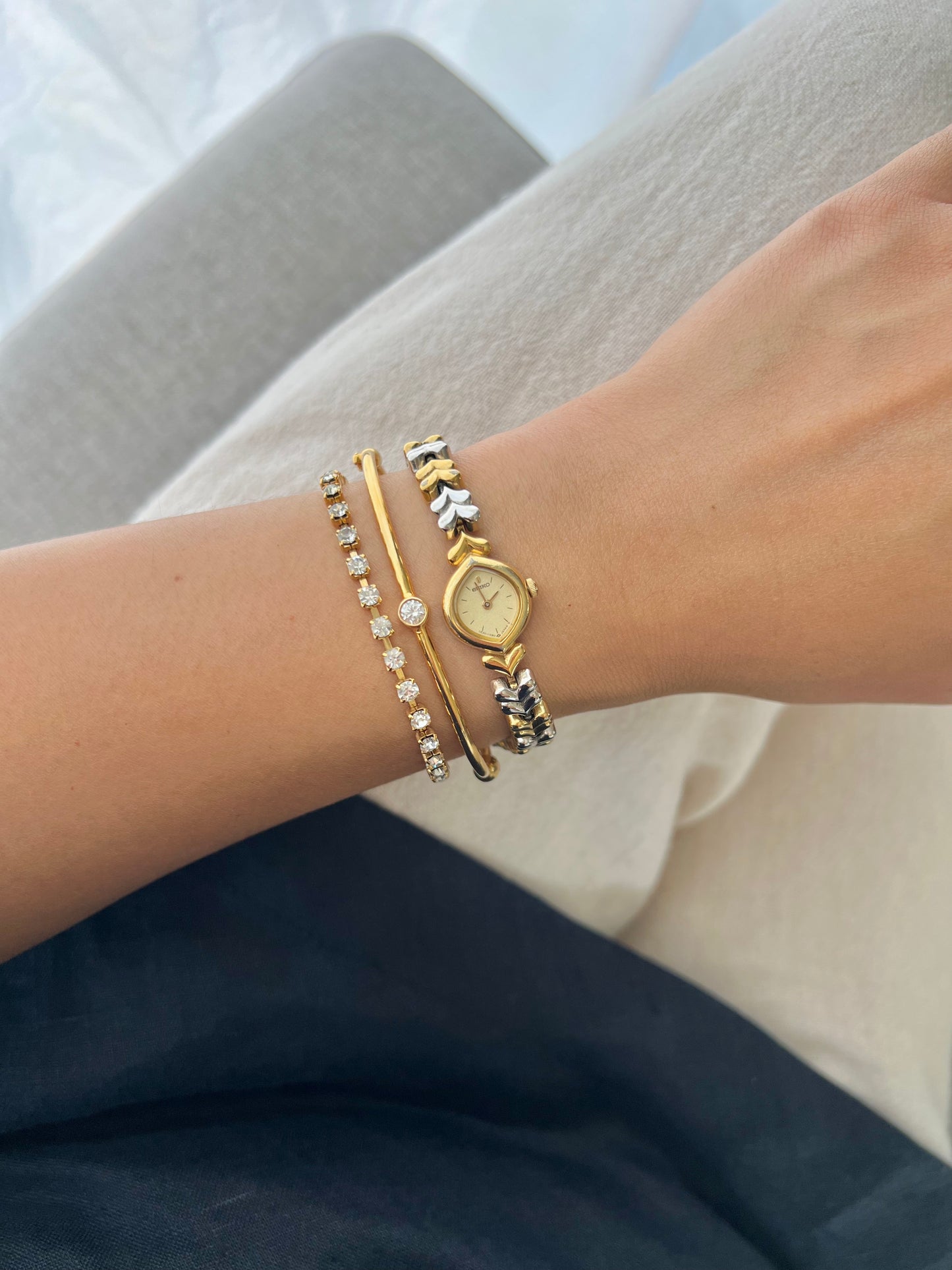 Seiko Champagne Dial Tear Drop Watch with Two-Tone Leaf-Link Bracelet