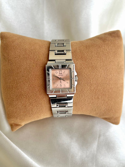 Seiko Pink Salmon Dial Square Ladies Watch Stainless Steel Bracelet
