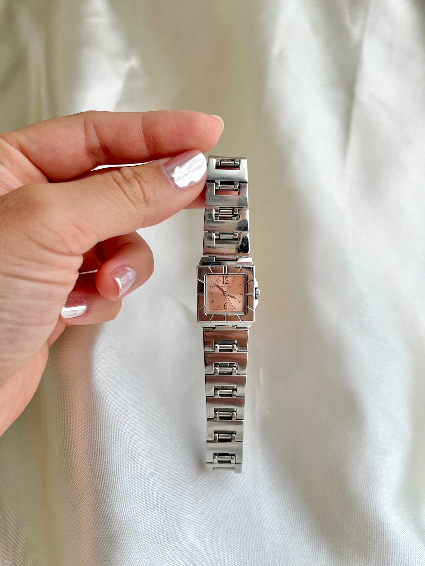 Seiko Pink Salmon Dial Square Ladies Watch Stainless Steel Bracelet