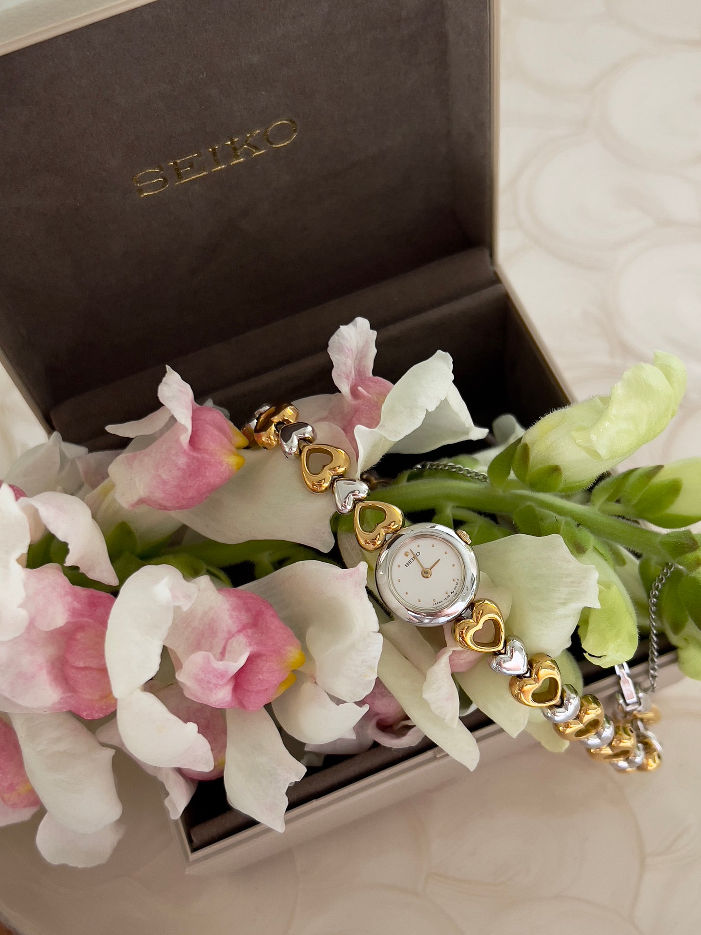 Seiko Dainty Ladies Hearts Bracelet Watch in Two Tone
