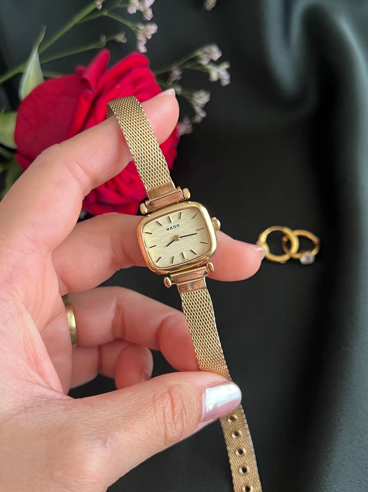 Rado Cushion Square Womens Watch with Gold Mesh Bracelet