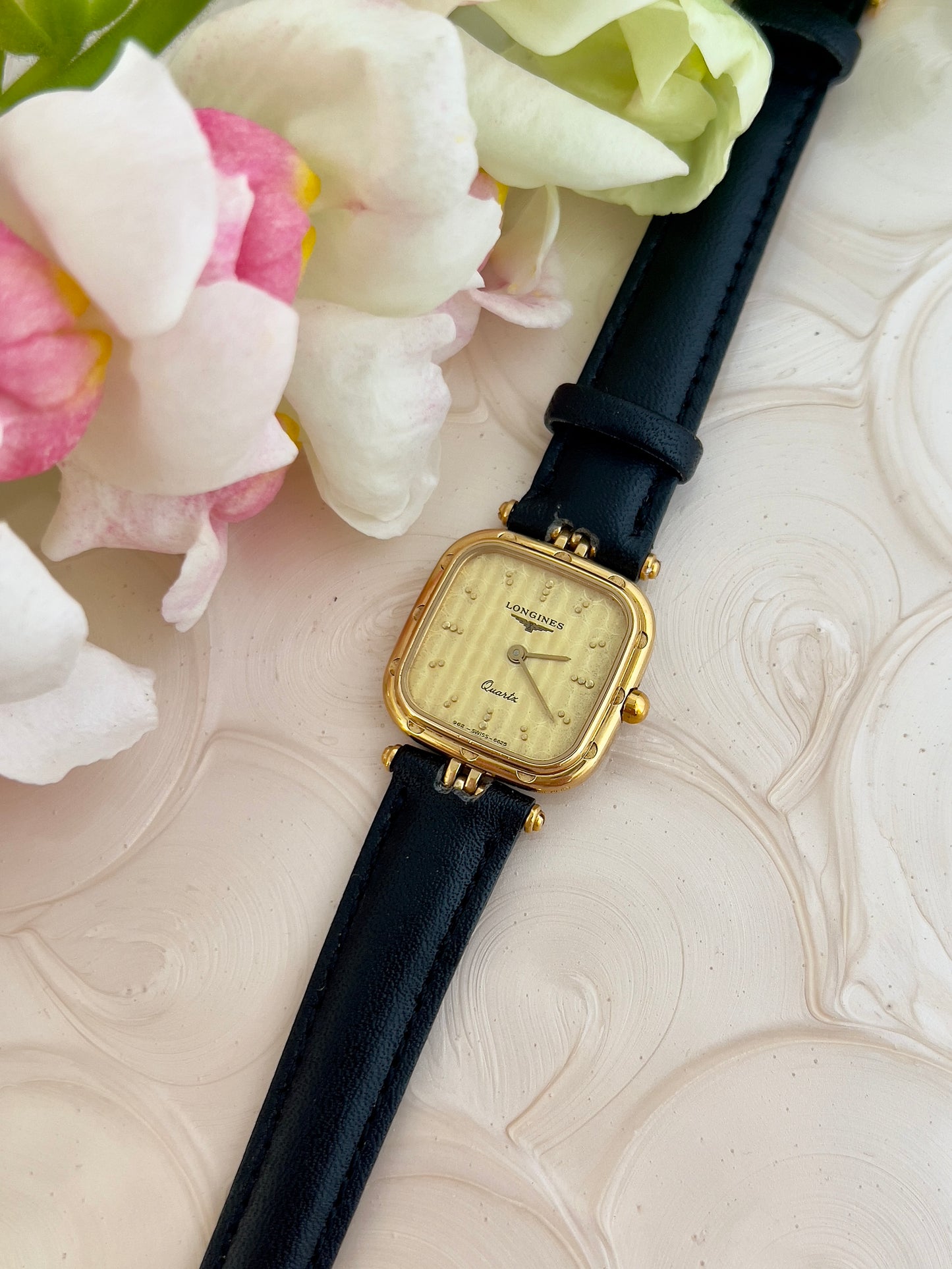 Ladies Longines Gold Scalloped Square Watch