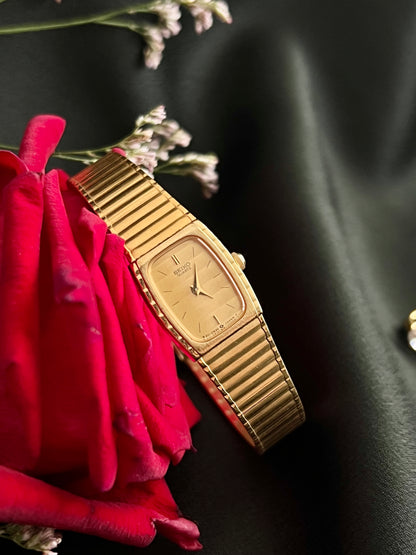 Seiko Rectangular Womens Watch with Gold Integrated Bracelet