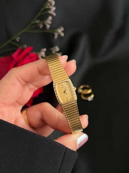 Seiko Rectangular Womens Watch with Gold Integrated Bracelet