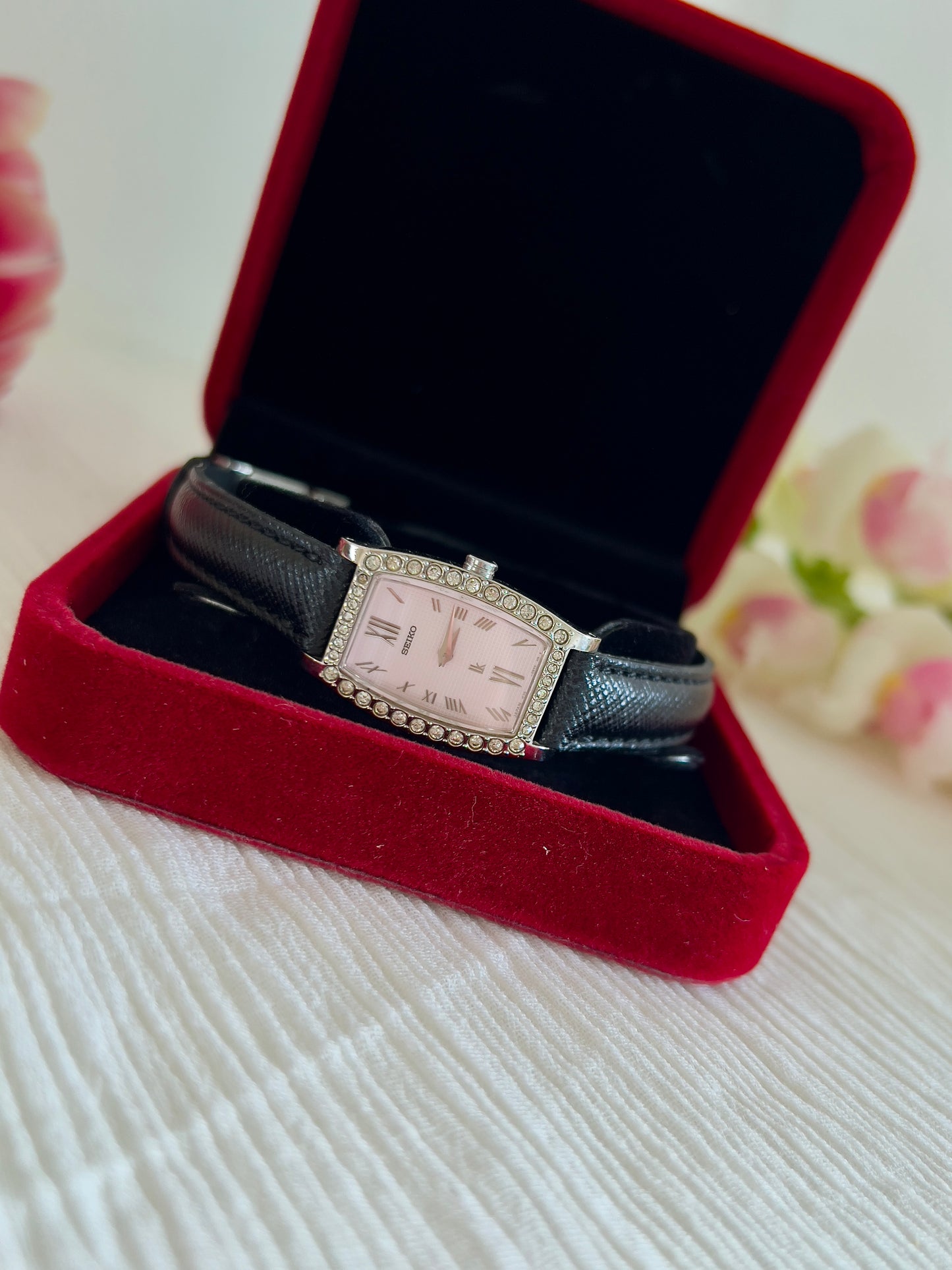 Seiko Lukia Ladies Tonneau Watch with Diamond Set Bezel and Textured Pink Dial Limited Edition