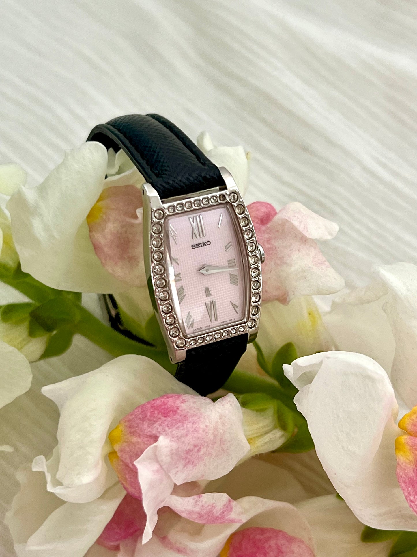 Seiko Lukia Ladies Tonneau Watch with Diamond Set Bezel and Textured Pink Dial Limited Edition