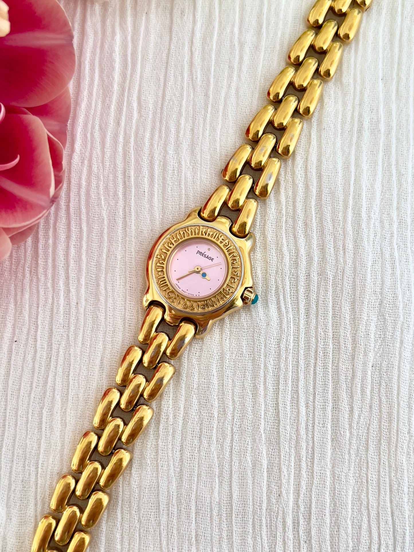 Seiko Presage Ladies Gold Bracelet Watch with Pink Dial and Engraved Bezel