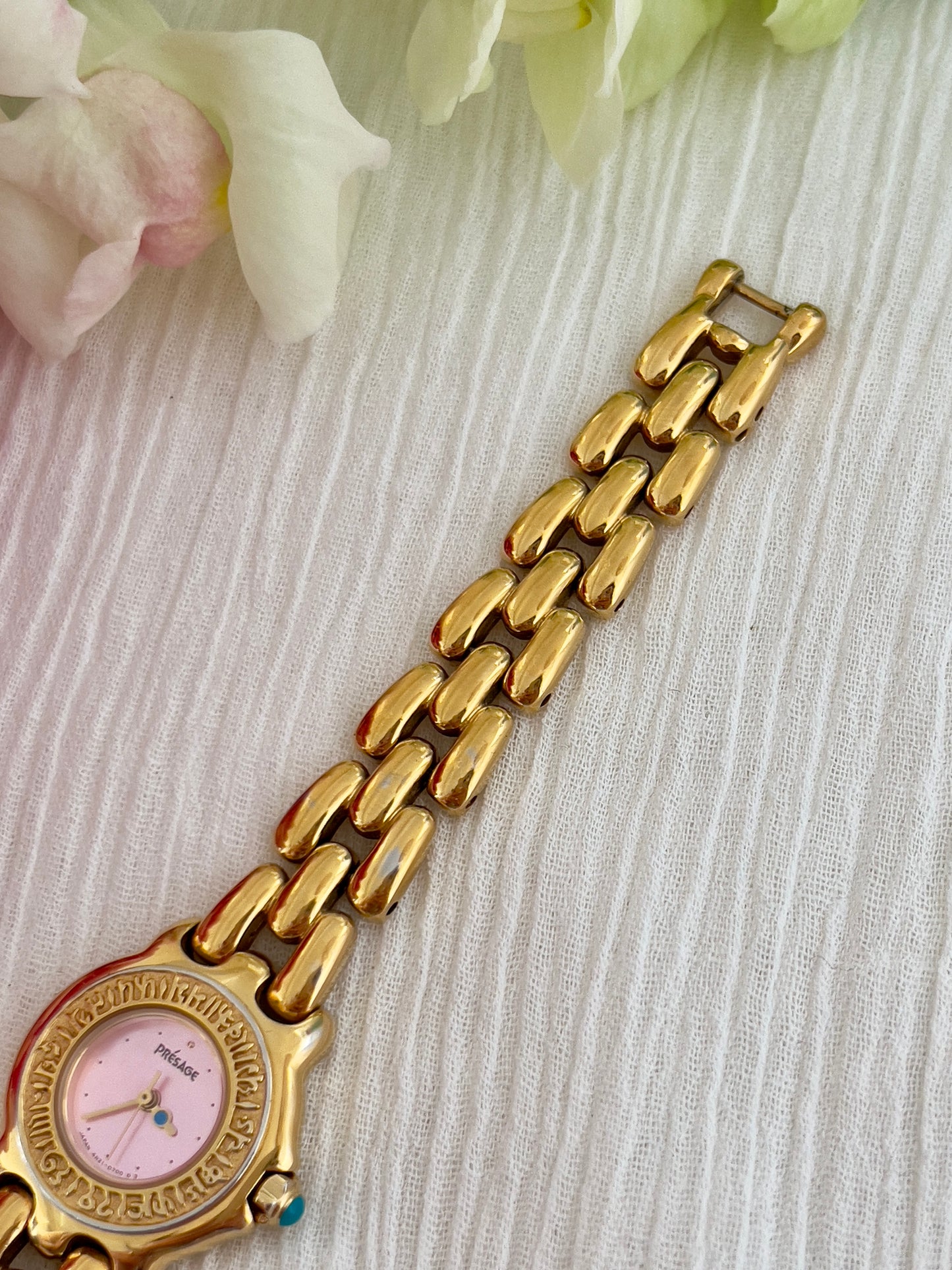 Seiko Presage Ladies Gold Bracelet Watch with Pink Dial and Engraved Bezel