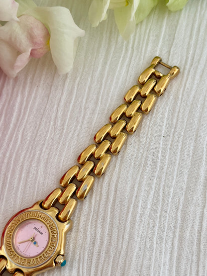 Seiko Presage Ladies Gold Bracelet Watch with Pink Dial and Engraved Bezel