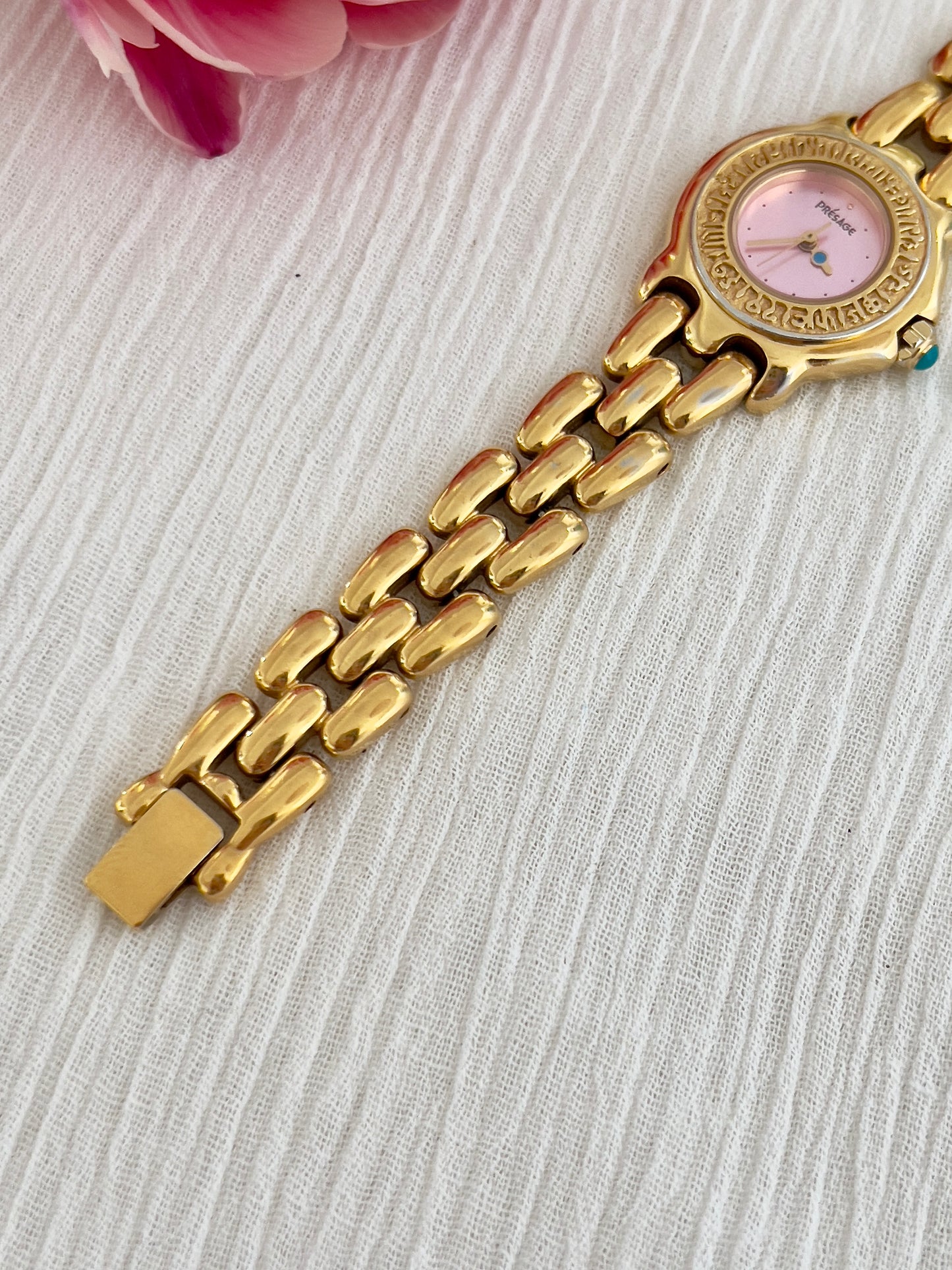 Seiko Presage Ladies Gold Bracelet Watch with Pink Dial and Engraved Bezel