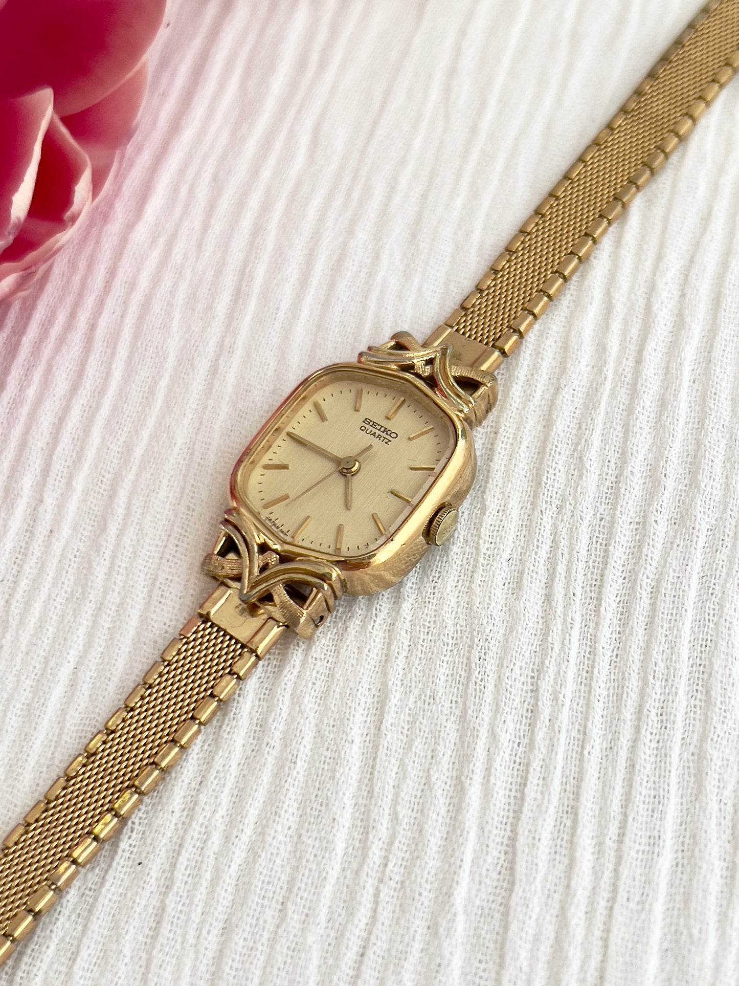 Seiko Ladies Gold Watch with Satin Champagne Dial and Mesh Bracelet