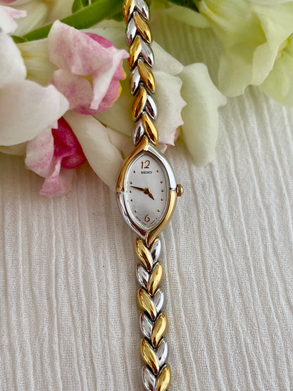 Seiko Ladies Teardrop Watch with Two Tone Leaf Link Bracelet and White Dial
