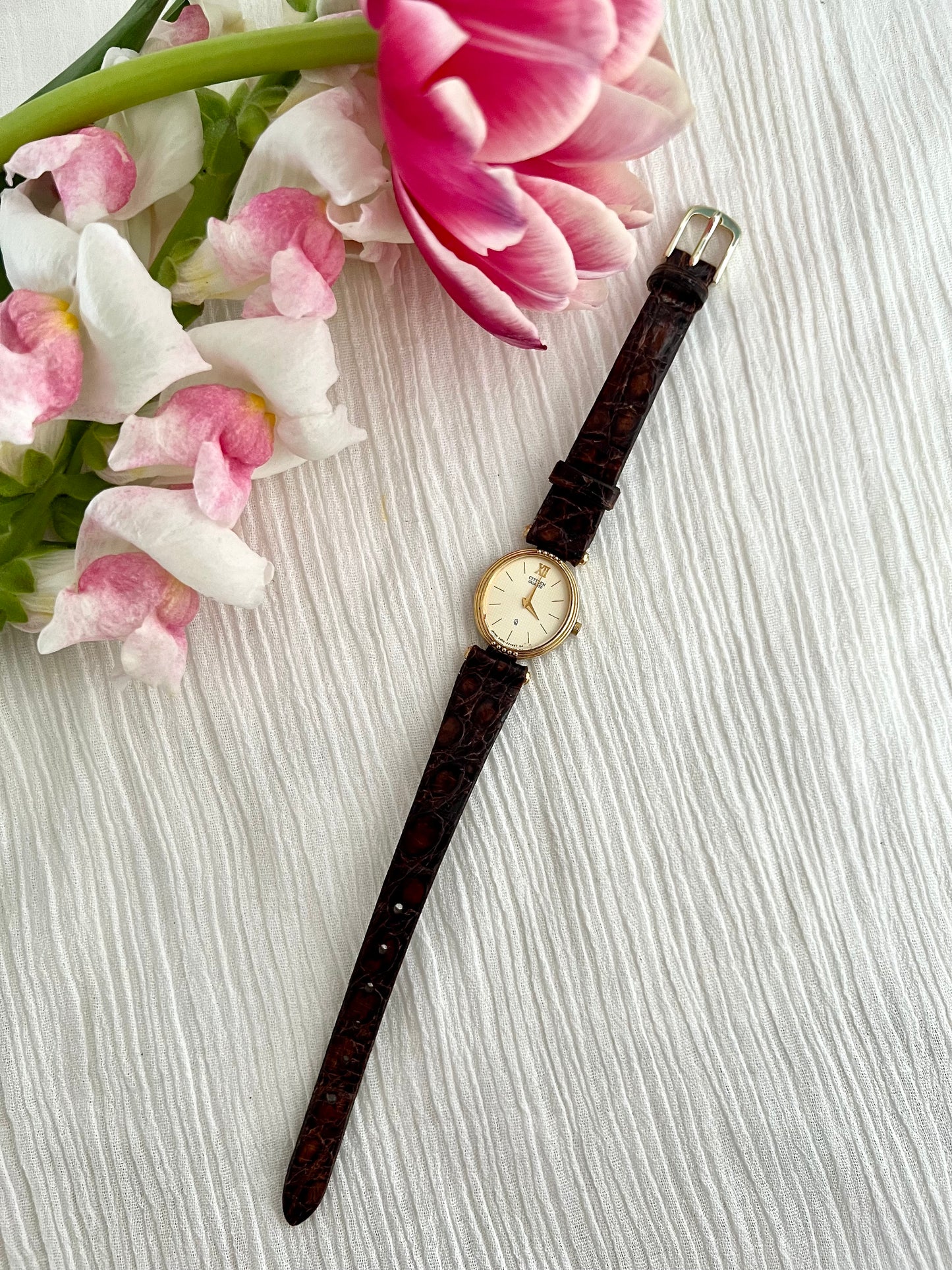 Citizen Ladies Gold Watch with Ivory Guilloche Dial