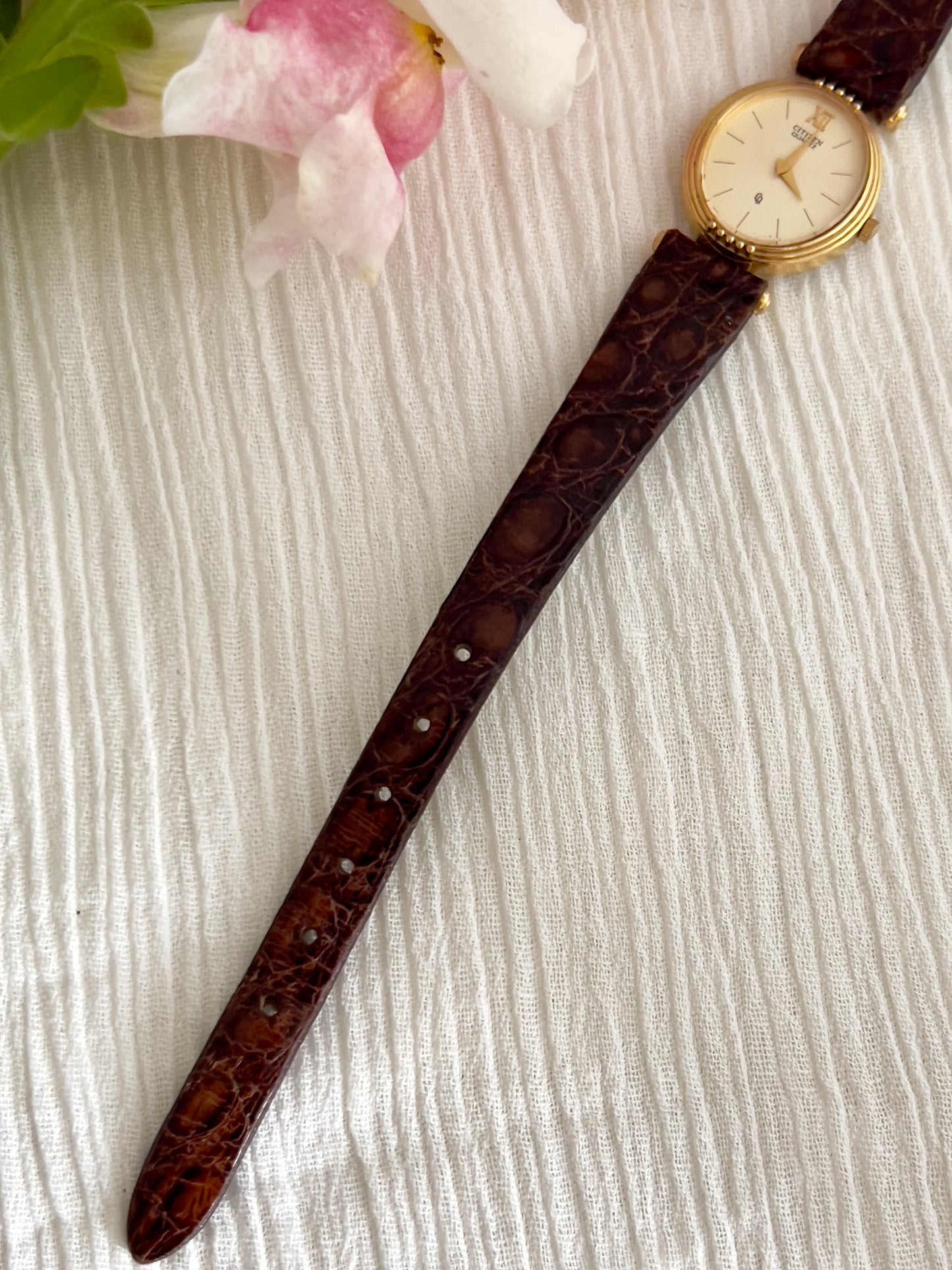 Citizen Ladies Gold Watch with Ivory Guilloche Dial