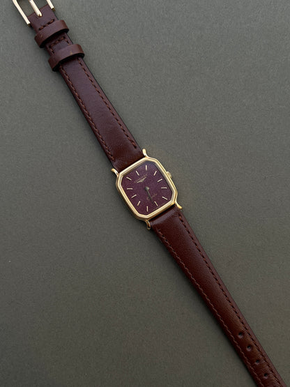Longines Ladies Gold Cushion Watch with Stardust Wine Dial