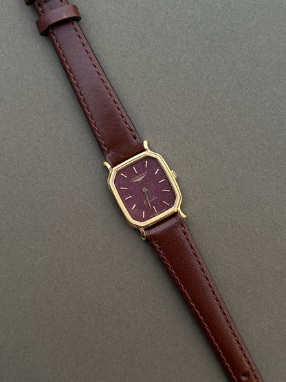 Longines Ladies Gold Cushion Watch with Stardust Wine Dial