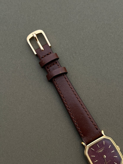 Longines Ladies Gold Cushion Watch with Stardust Wine Dial