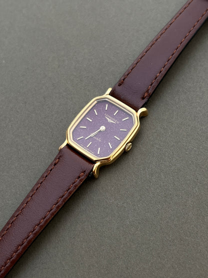 Longines Ladies Gold Cushion Watch with Stardust Wine Dial