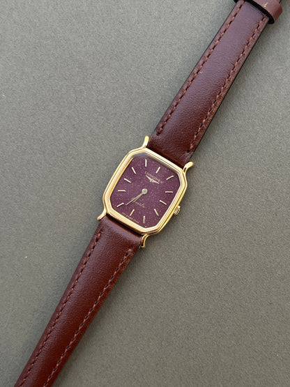 Longines Ladies Gold Cushion Watch with Stardust Wine Dial
