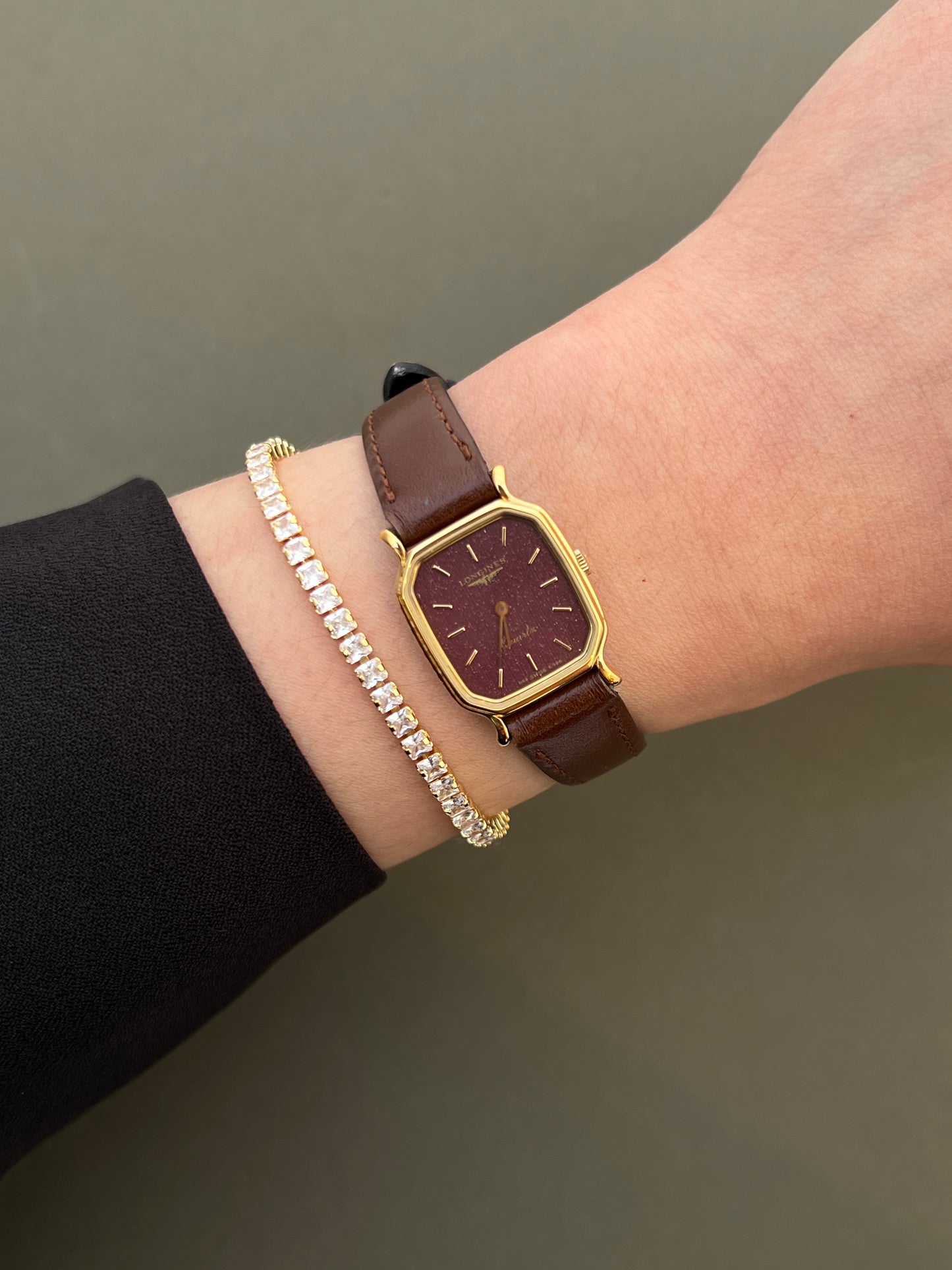 Longines Ladies Gold Cushion Watch with Stardust Wine Dial