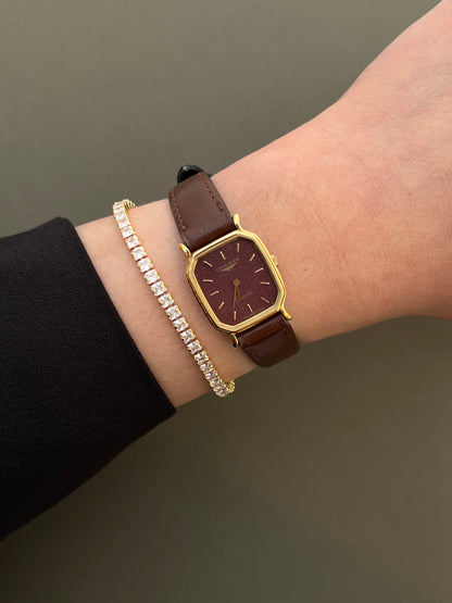 Longines Ladies Gold Cushion Watch with Stardust Wine Dial