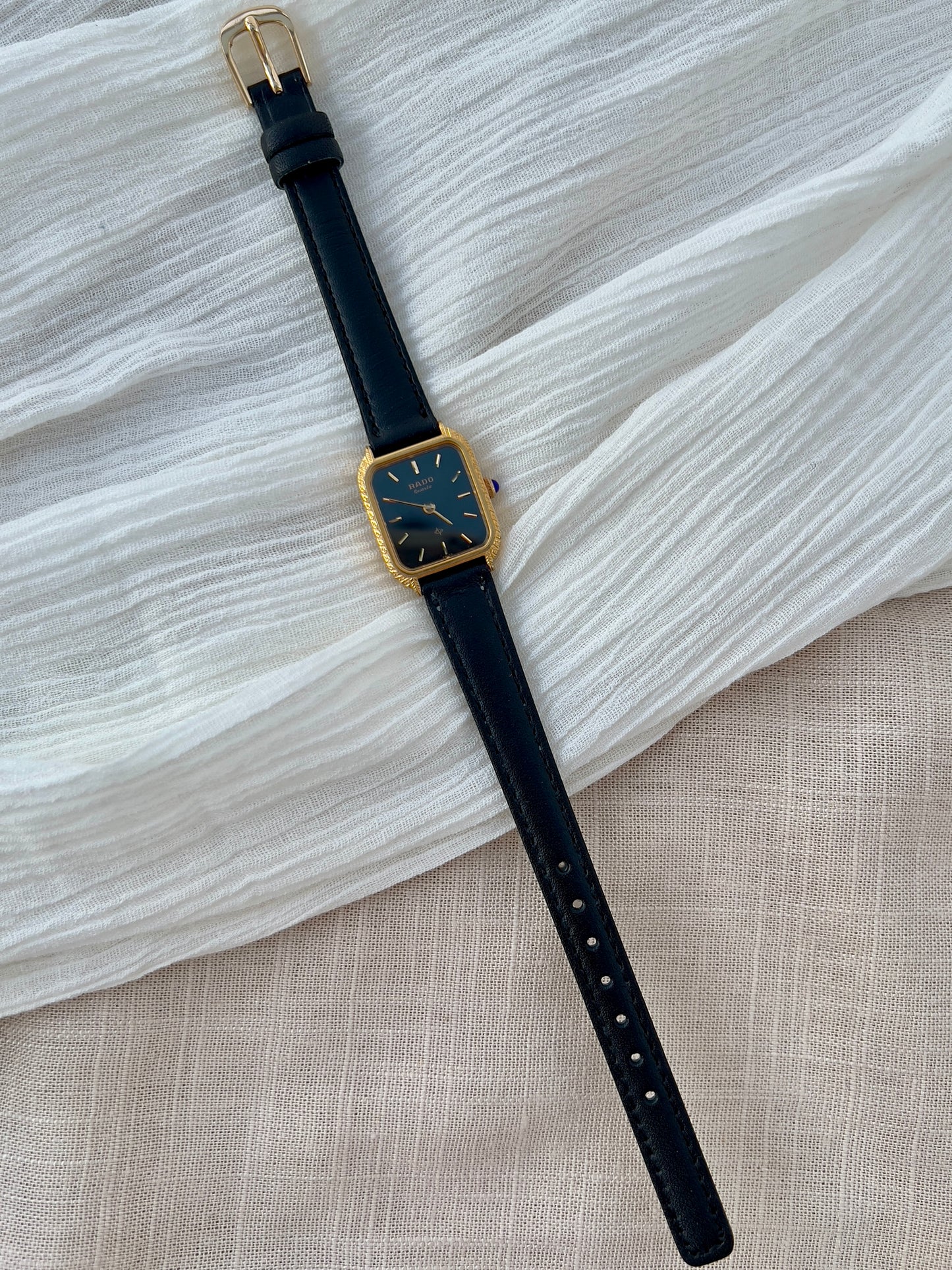 Rado Black Dial Tank Watch Gold Plated with Leather Strap