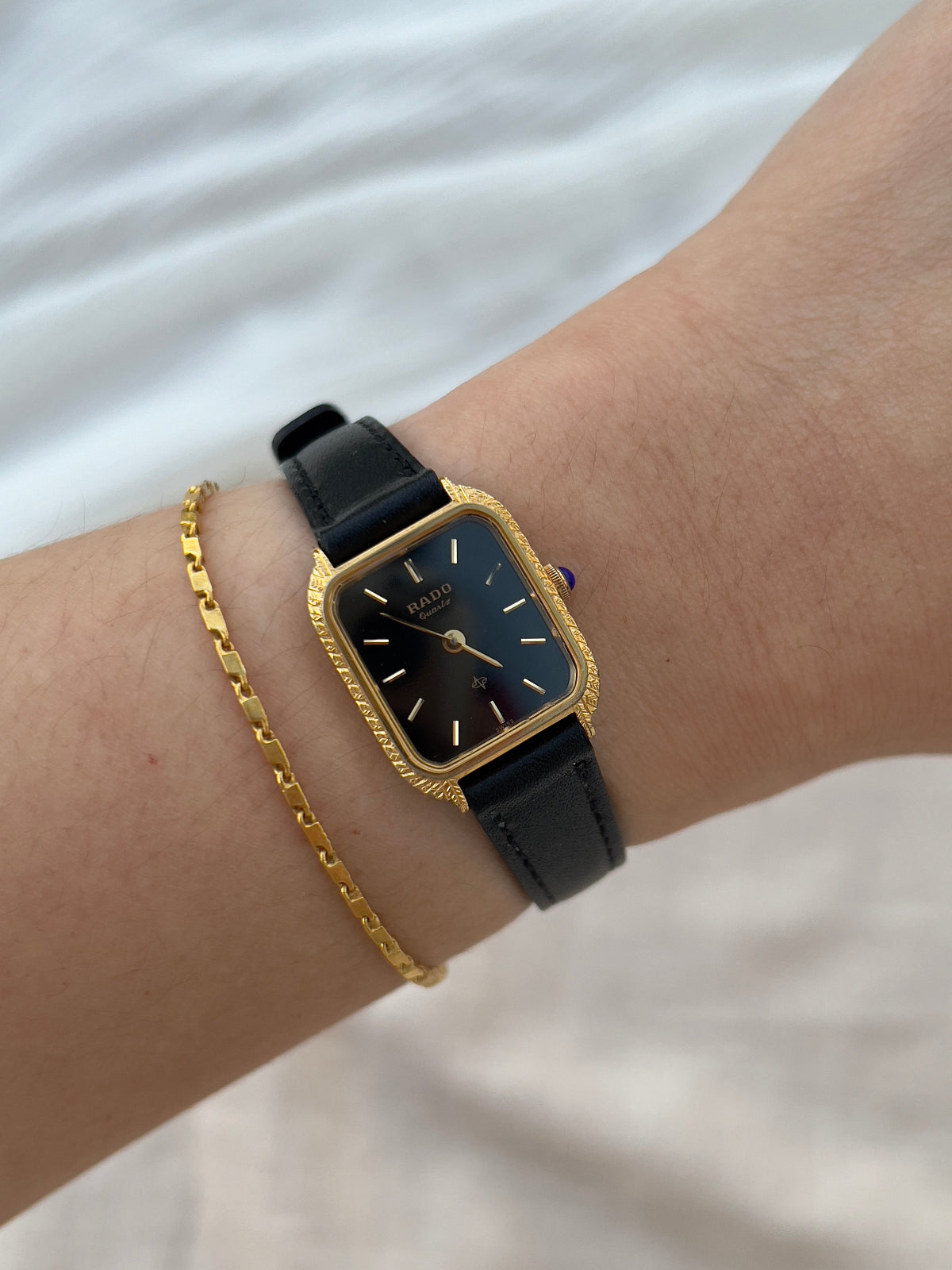 Rado Black Dial Tank Watch Gold Plated with Leather Strap