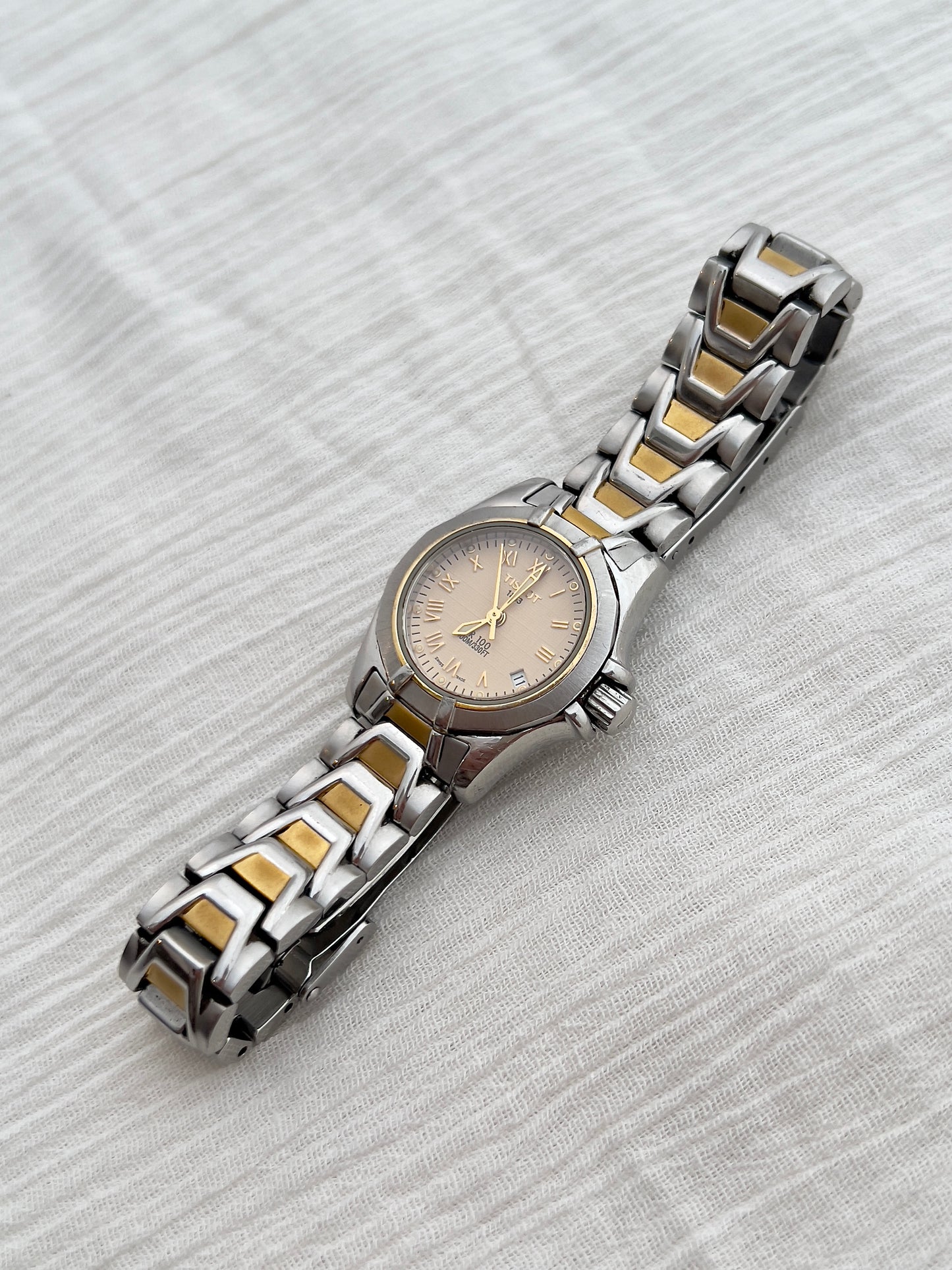 Tissot PR100 Ladies Two Tone Bracelet Watch with Texturized Peach Dial