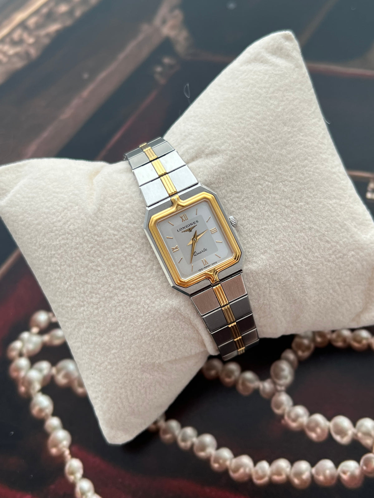 Longines Flagship Two Tone Rectangular Watch, wrist shot of a vintage women's watch at Gilded Hour.