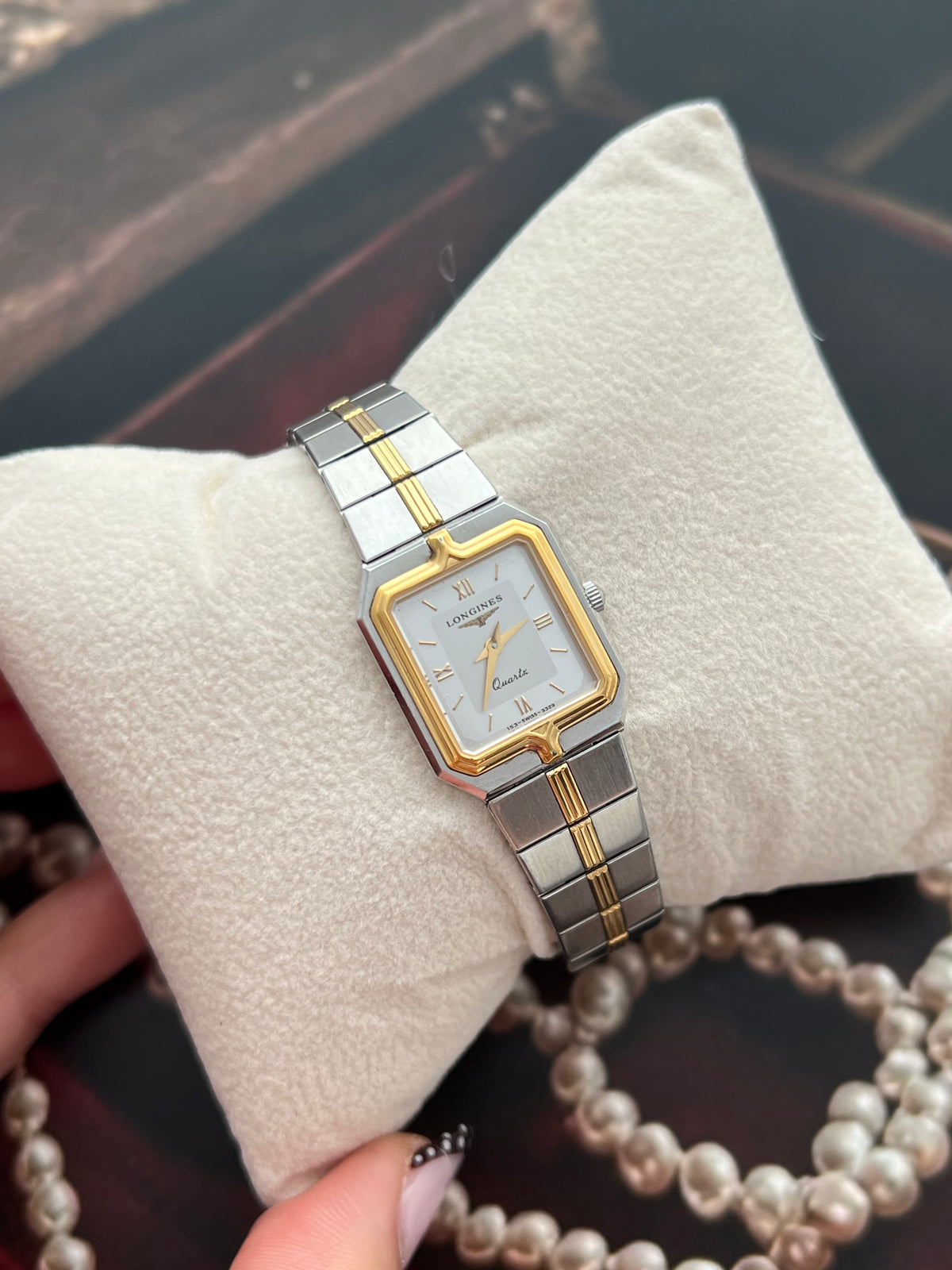 Longines Flagship Two Tone Rectangular Watch, case profile of a vintage women's watch at Gilded Hour.