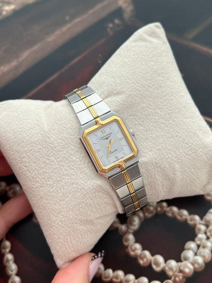 Longines Flagship Two Tone Rectangular Watch, case profile of a vintage women's watch at Gilded Hour.