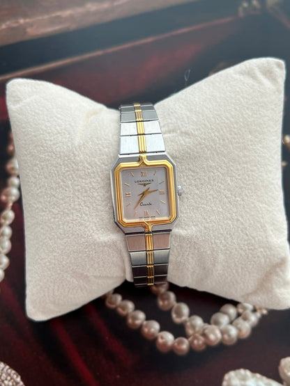 Longines Flagship Two Tone Rectangular Watch, bracelet detail of a vintage women's watch at Gilded Hour.