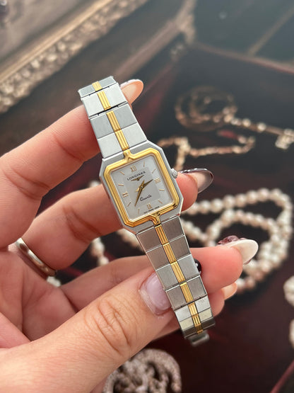 Longines Flagship Two Tone Rectangular Watch, dial close up of a vintage women's watch at Gilded Hour.