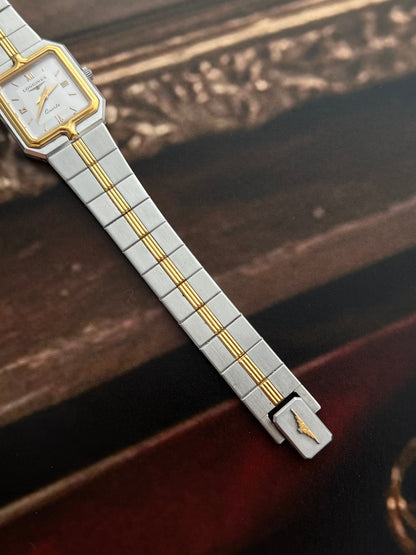 Longines Flagship Two Tone Rectangular Watch, caseback detail of a vintage women's watch at Gilded Hour.