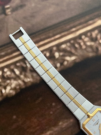 Longines Flagship Two Tone Rectangular Watch, front view of a vintage women's watch at Gilded Hour.