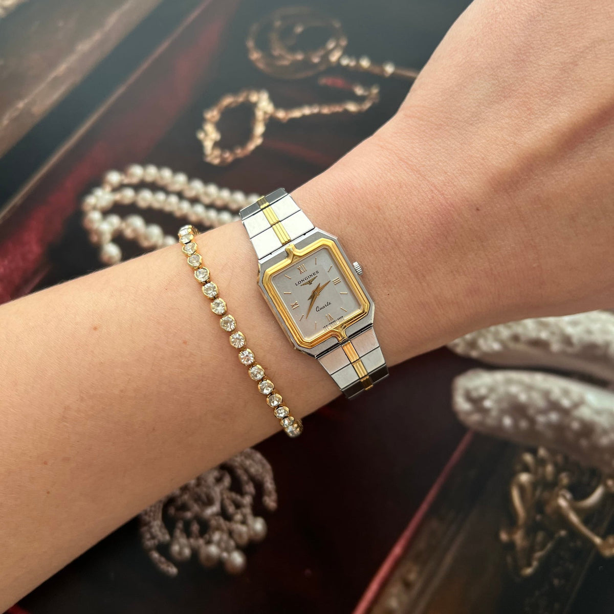 Longines Flagship Two Tone Rectangular Watch, front view of a vintage women's watch at Gilded Hour.
