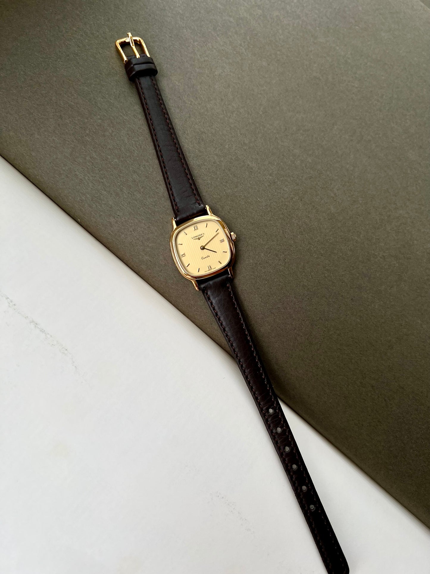 Longines Ladies Gold Cushion Watch with Champagne Stripe Dial