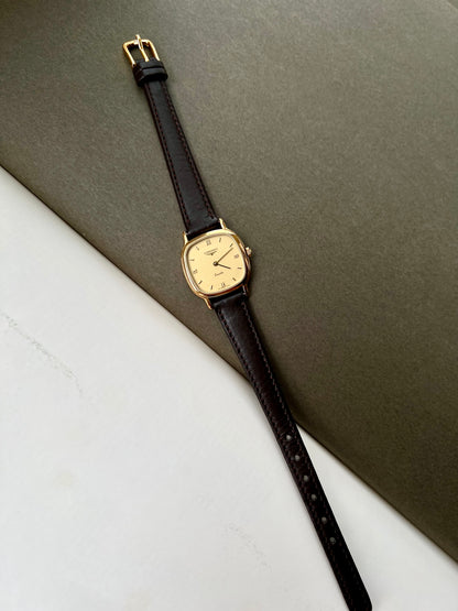 Longines Ladies Gold Cushion Watch with Champagne Stripe Dial