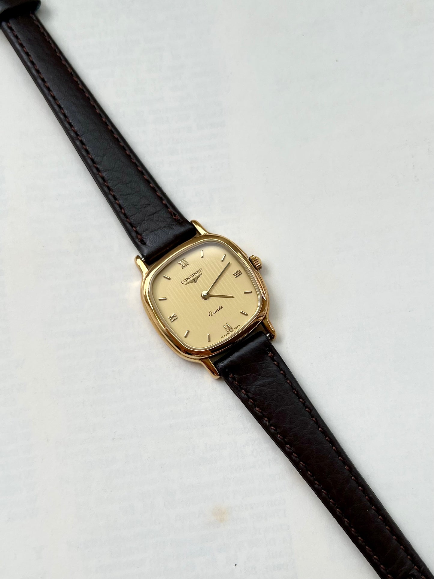 Longines Ladies Gold Cushion Watch with Champagne Stripe Dial