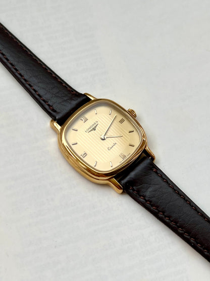 Longines Ladies Gold Cushion Watch with Champagne Stripe Dial