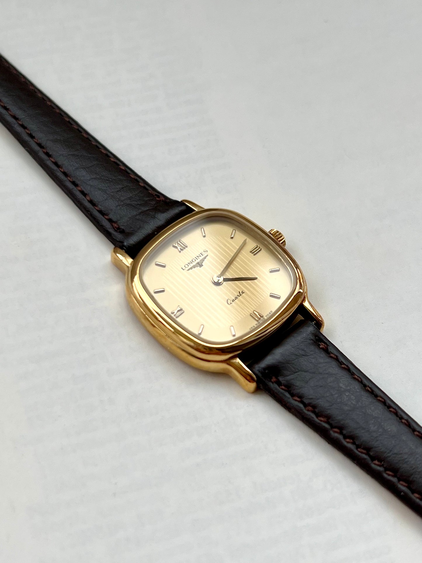 Longines Ladies Gold Cushion Watch with Champagne Stripe Dial