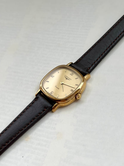 Longines Ladies Gold Cushion Watch with Champagne Stripe Dial