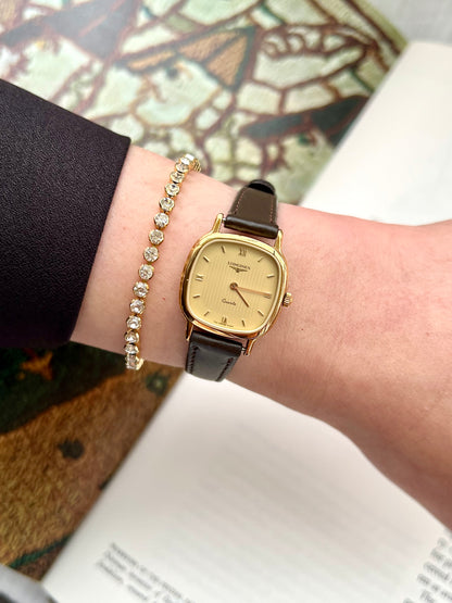 Longines Ladies Gold Cushion Watch with Champagne Stripe Dial