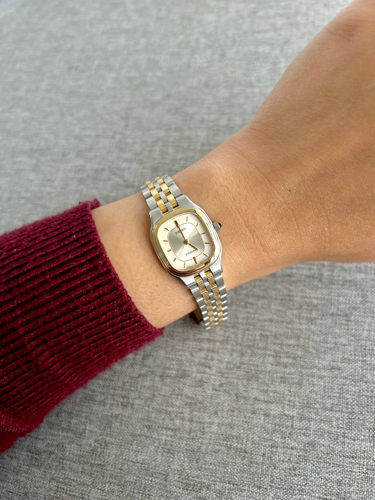 Seiko Exceline Two Tone Soft Rectangular Womens Watch with Silver Sunburst Dial